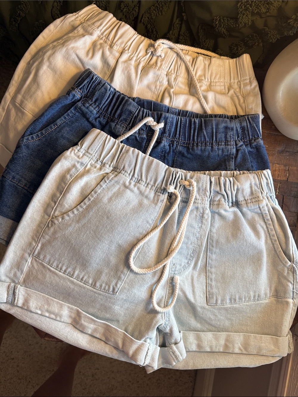 Woven Drawstring Denim Shorts - Light Blue